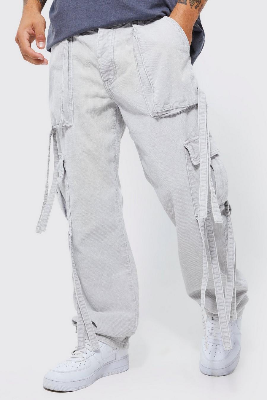 Ice grey Relaxed Strap Detail Acid Wash Corduroy Trousers image number 1
