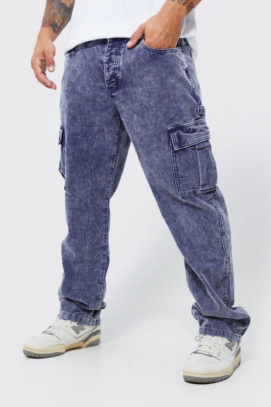 Navy Relaxed Acid Wash Cord Carpenter Trousers image number 1