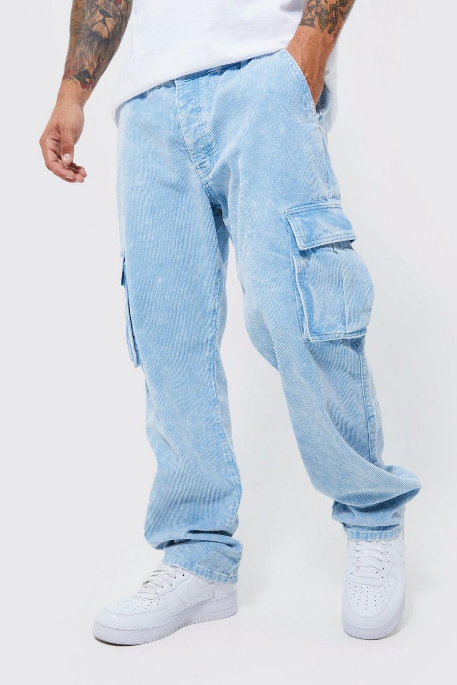Pale blue Relaxed Acid Wash Cord Cargo Trousers  image number 1