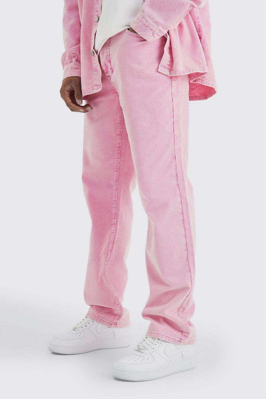 Pink Relaxed Fit Acid Wash Corduroy Trousers image number 1