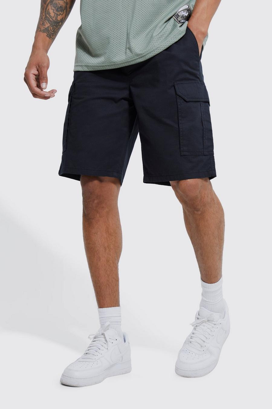 Black Relaxed Elasticated Waist Ripstop Cargo Short image number 1