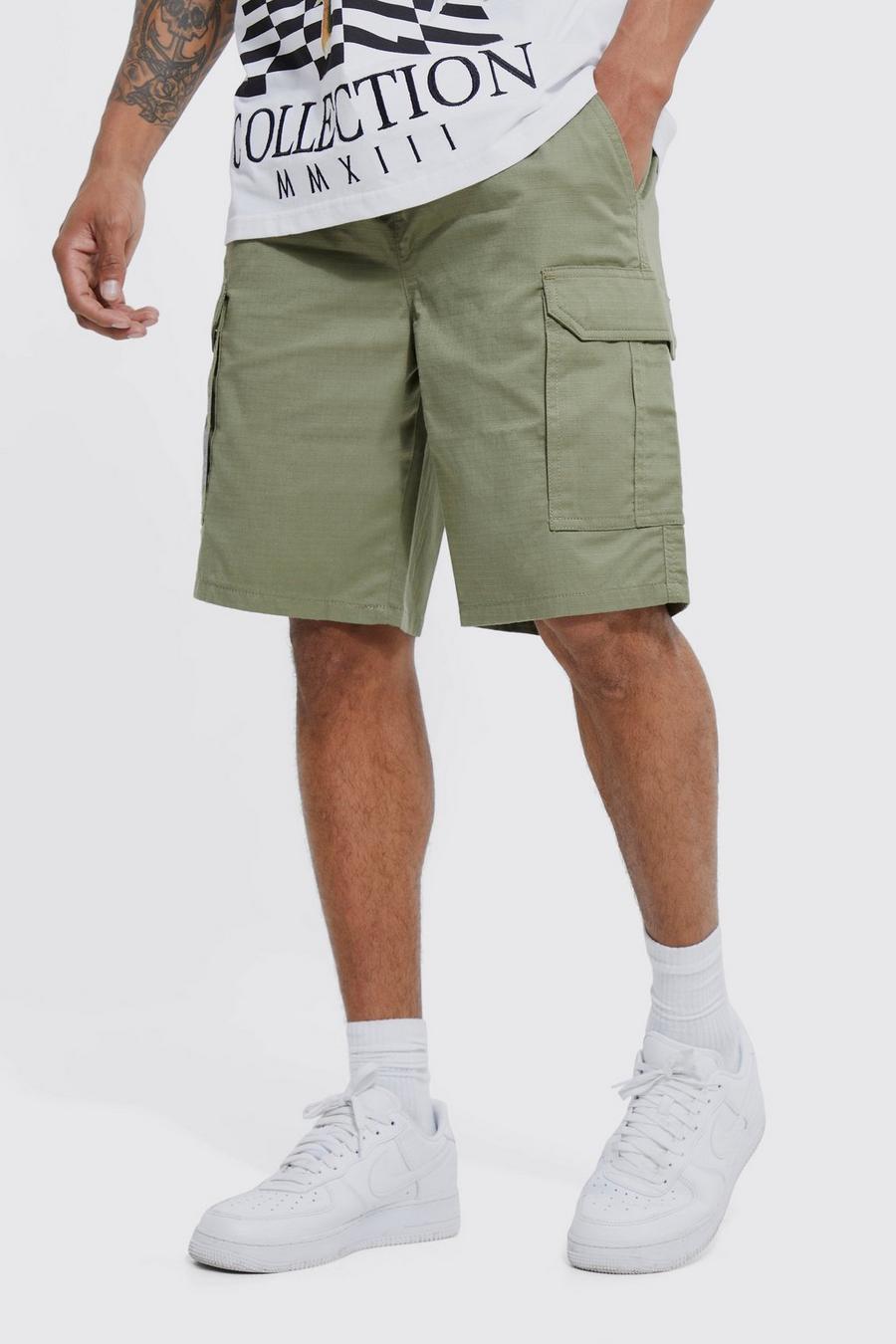 Khaki Baggy Ribfluwelen Cargo Shorts Met Elastische Taille