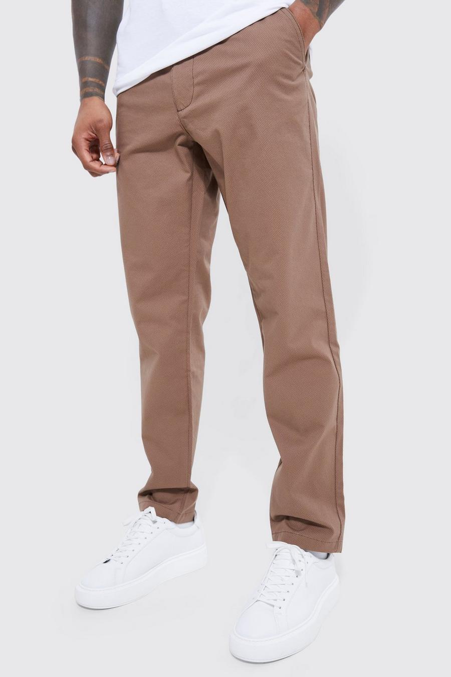 Pantalón chino texturizado ajustado con cintura fija, Chocolate marrone