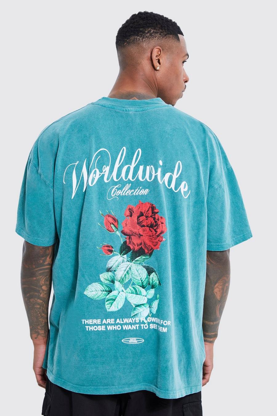 Dark green Oversized Washed Worldwide Floral Graphic T-shirt image number 1
