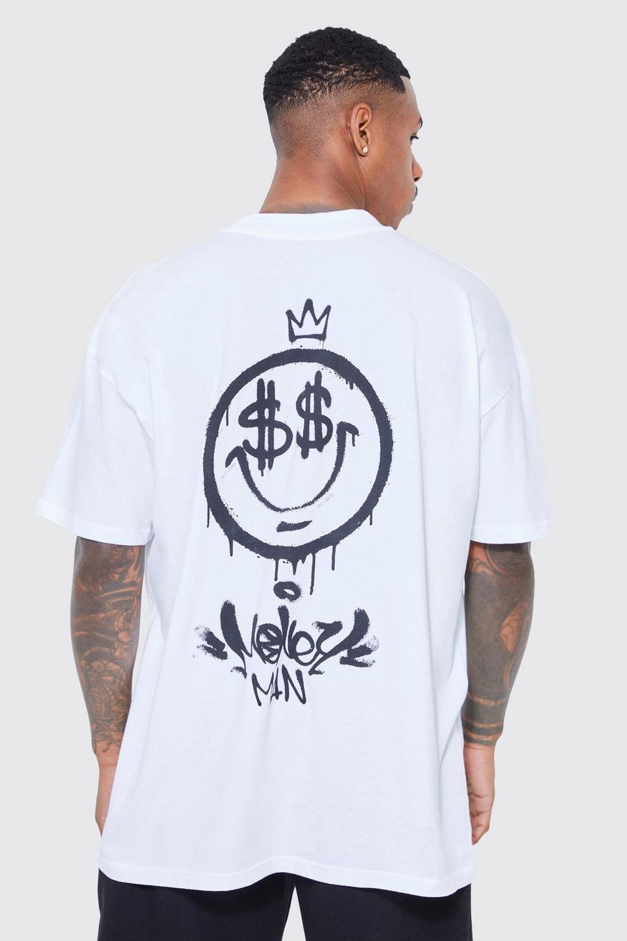 Camiseta oversize con estampado de grafiti y cara, White image number 1