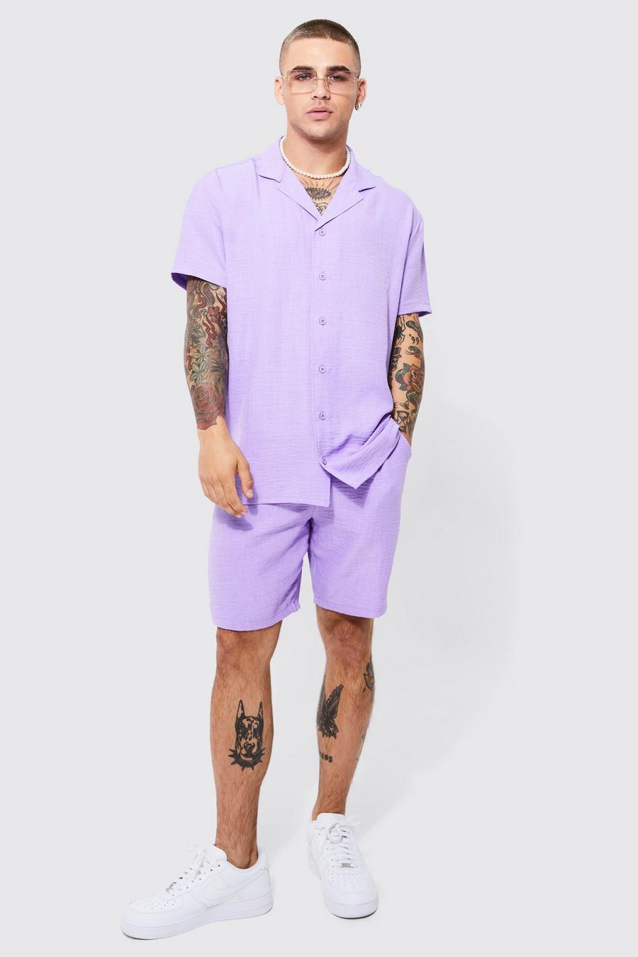 Ensemble oversize avec chemise en lin et short, Lilac image number 1