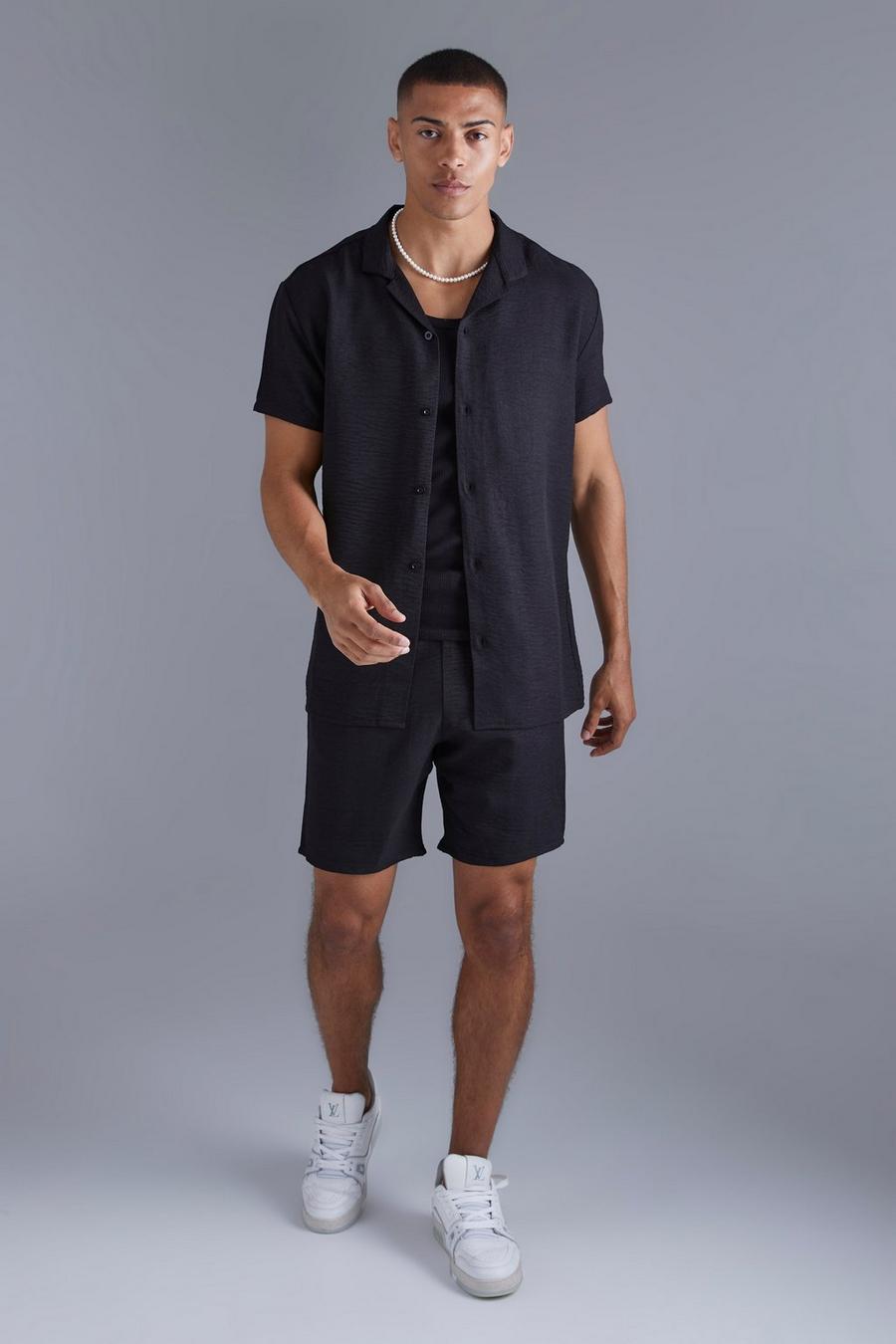 Black Oversized Linen Shirt And Short Set image number 1
