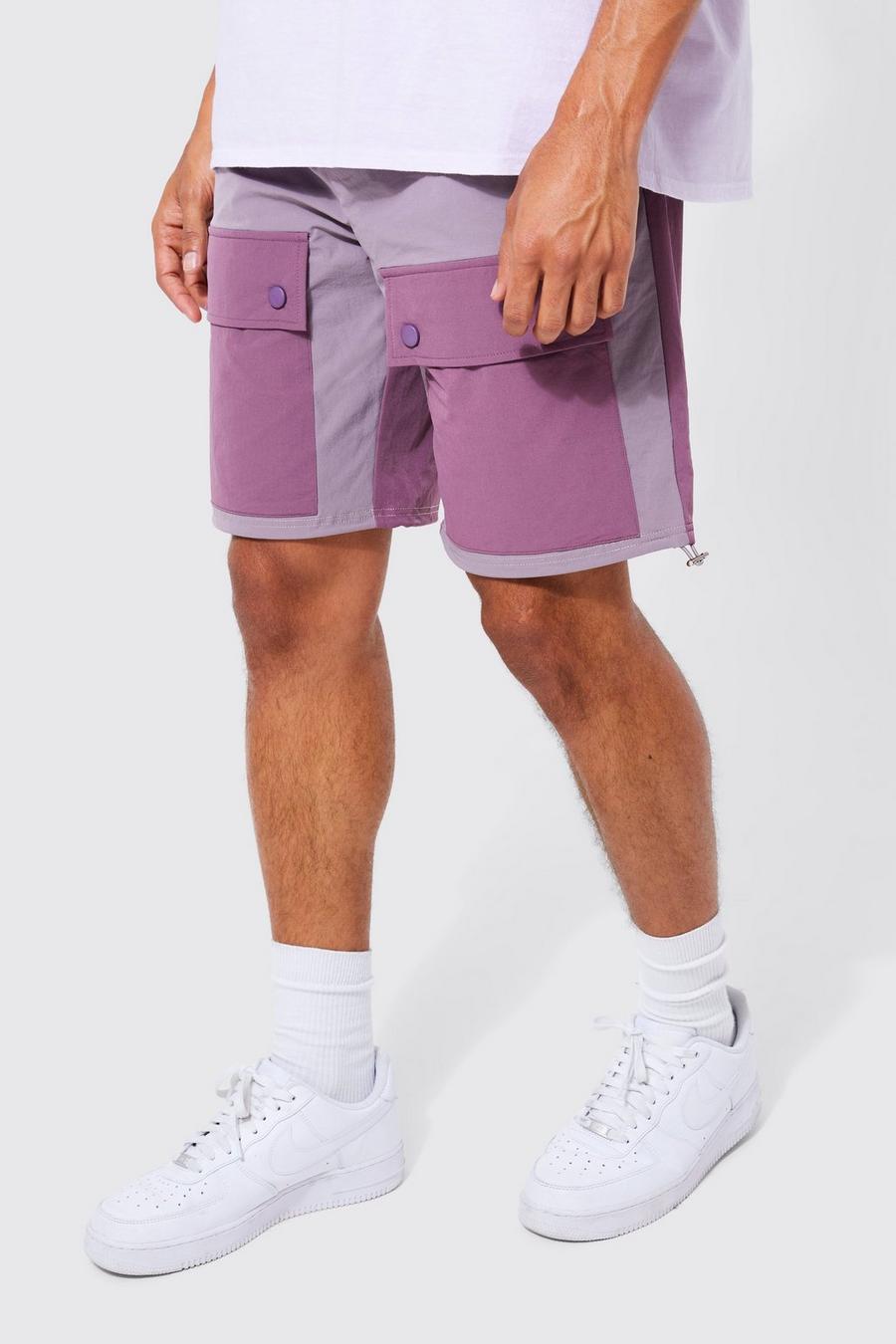 Purple Elastic Relaxed Lightweight Stretch Colour Block Cargo