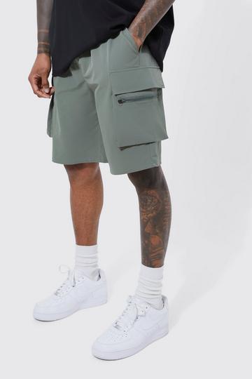 Khaki Elasticated Waist Relaxed Technical Stretch Cargo Short