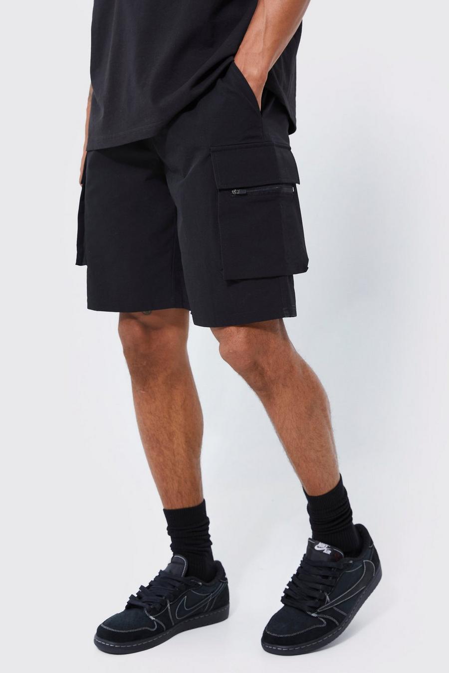 Black Elasticated Waist Relaxed Technical Stretch Cargo Short image number 1