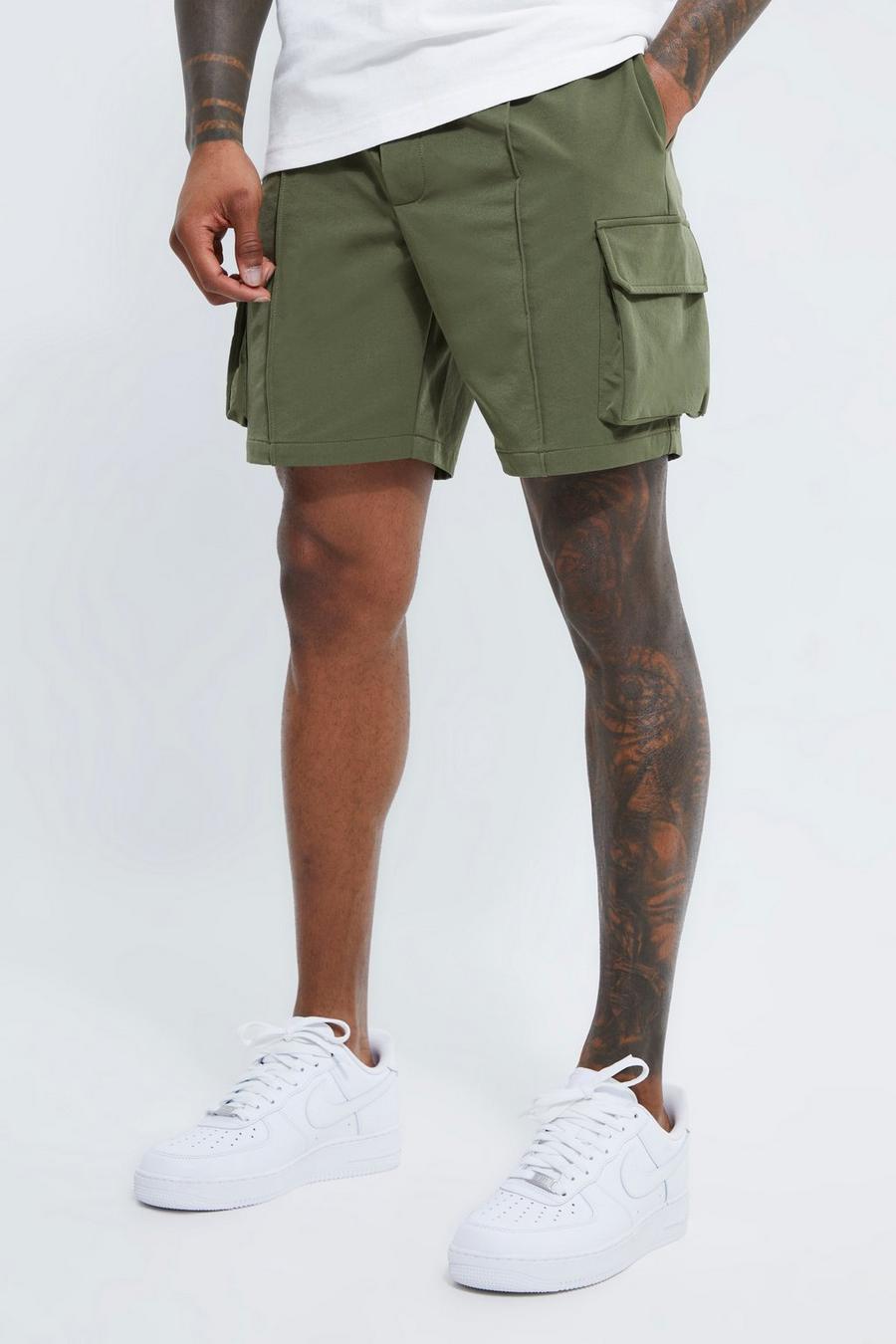 Khaki Elastische Slim Fit Cargo Shorts Met Biezen