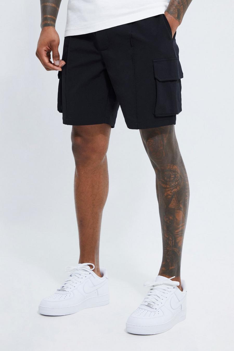 Pantaloncini Cargo Slim Fit elasticizzati con nervature, Black