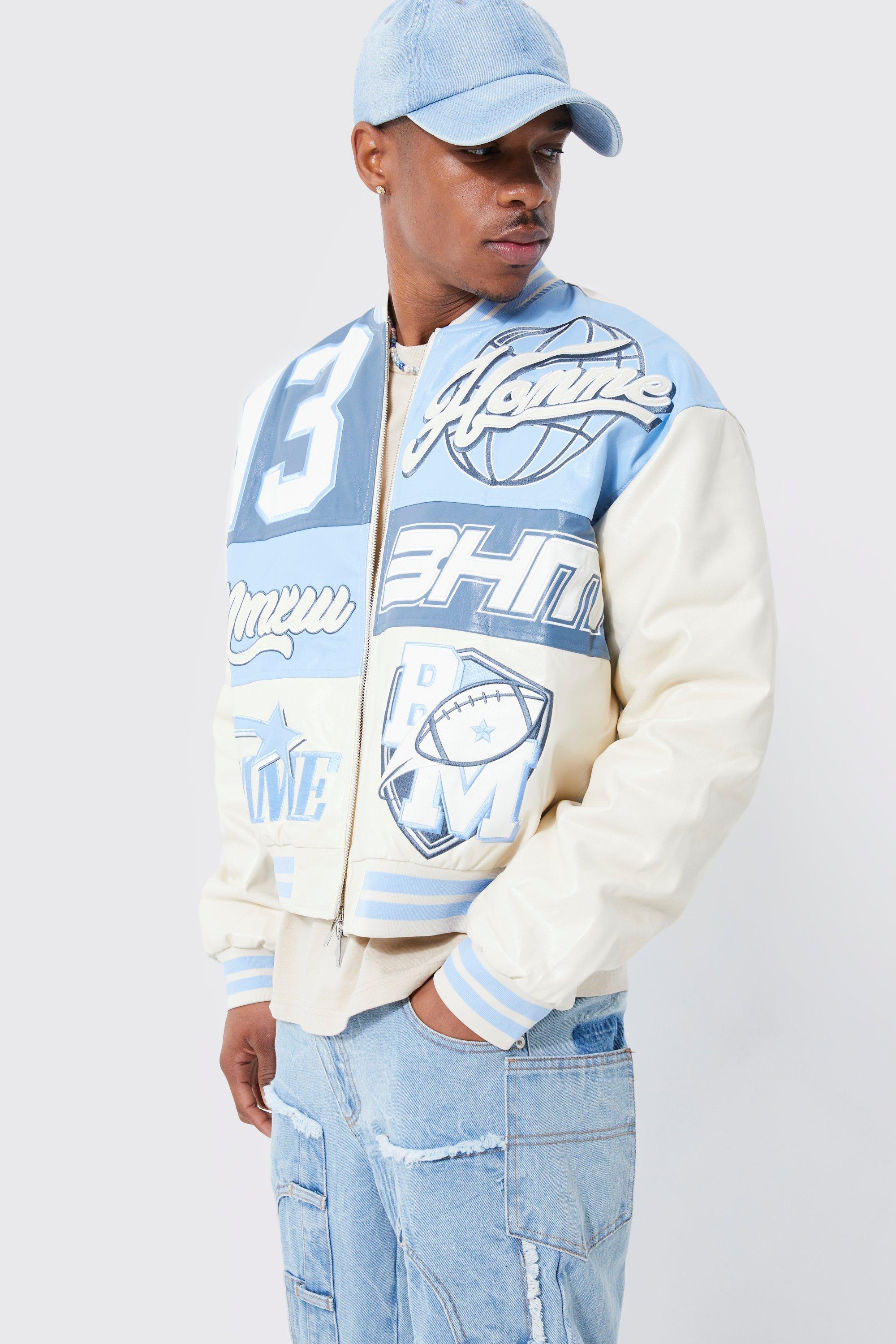 Boxy Printed Pu Varsity Jacket | Boohoo UK