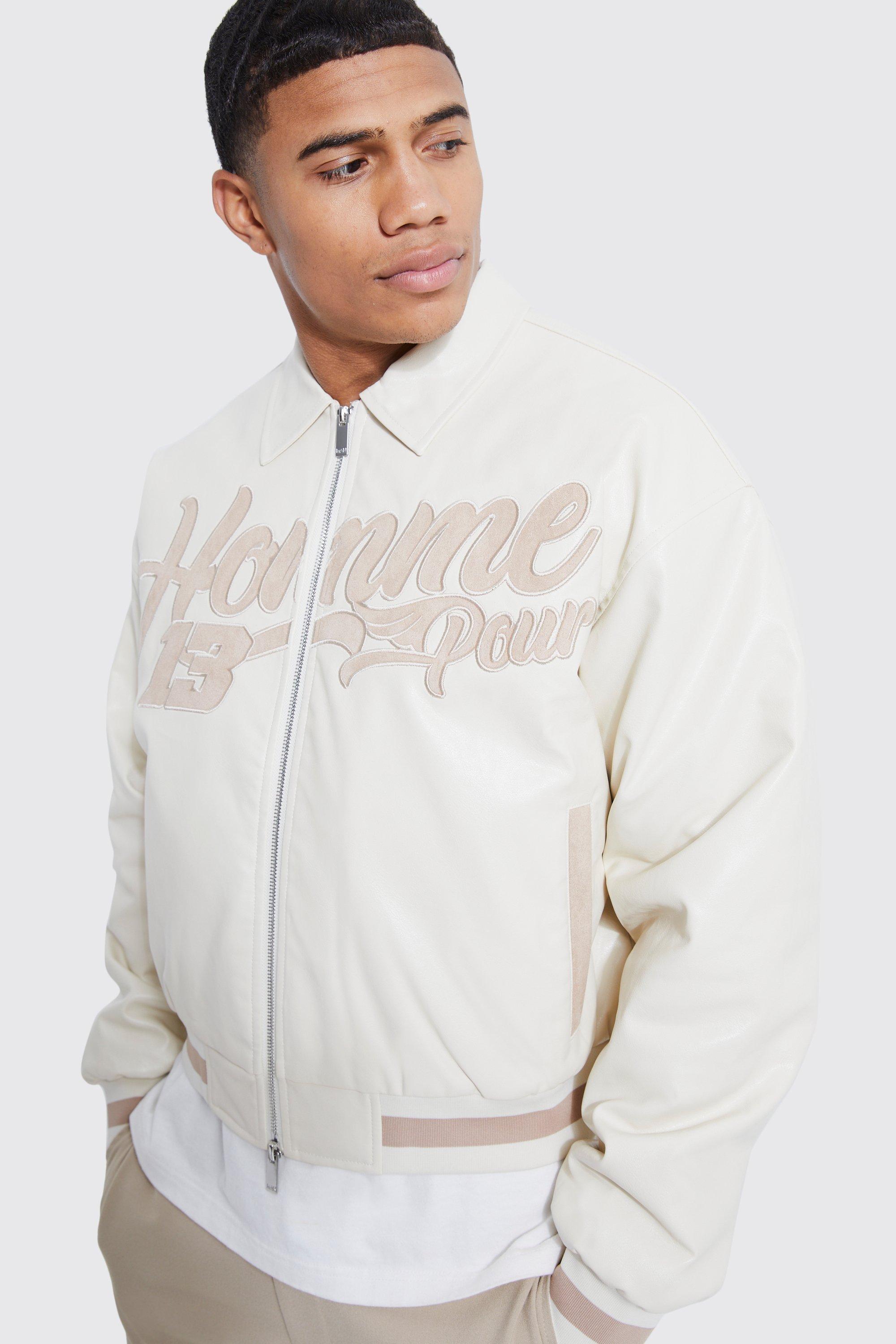 Boxy Pu Homme Varsity Bomber Jacket | Boohoo UK