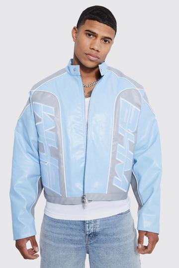 Boxy Pu Contrast Piping Moto Jacket blue