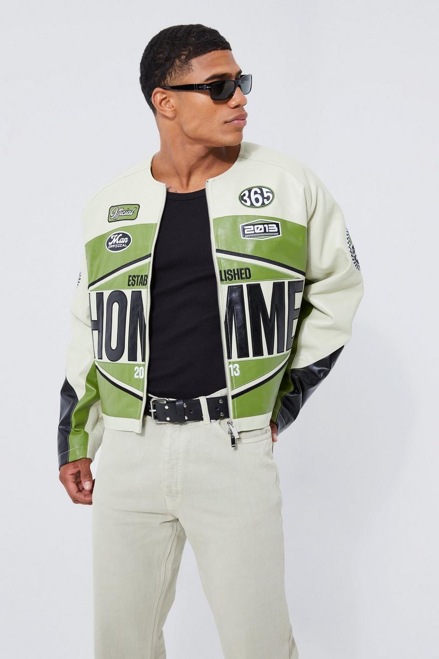 Green Boxy Pu  Homme Collarless Moto Jacket