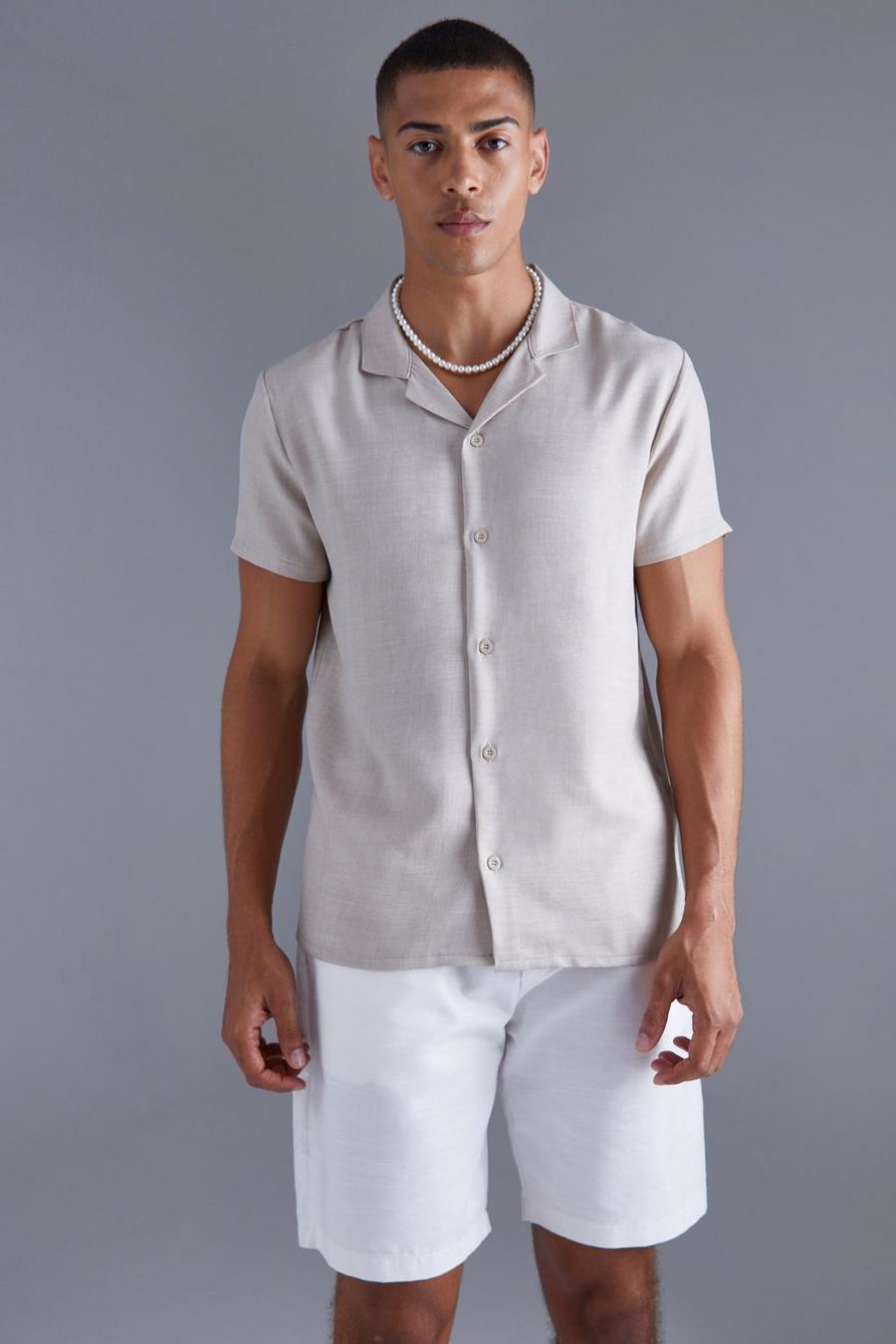 Natural beige Short Sleeve Linen Revere Shirt 