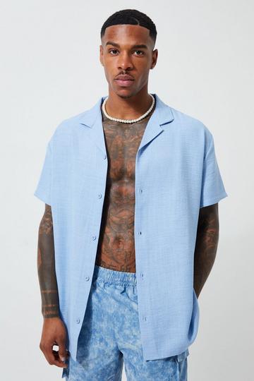 Blue Short Sleeve Oversized Linen Revere Shirt