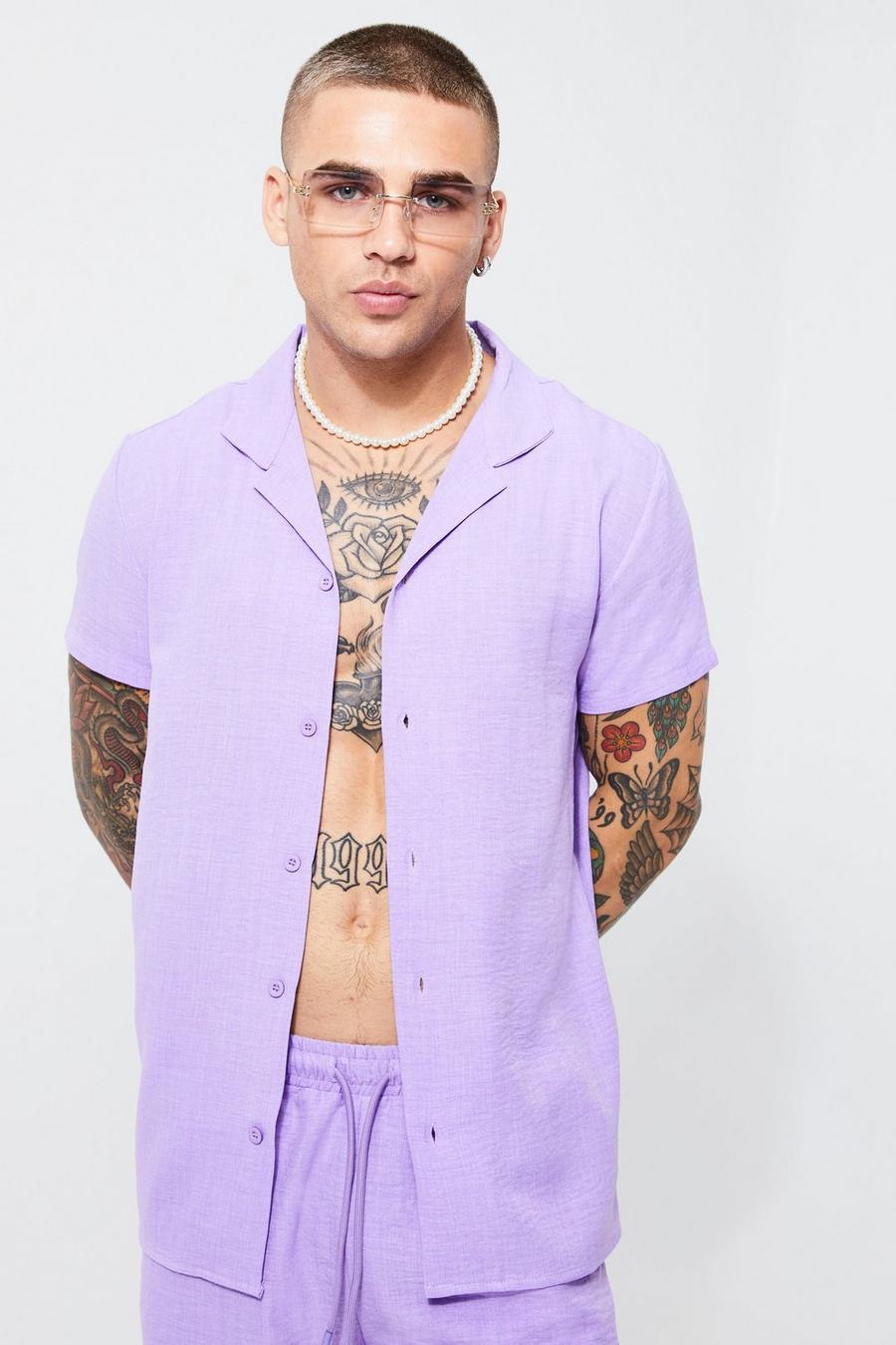 Lilac purple Kortärmad linneskjorta med bowlingkrage