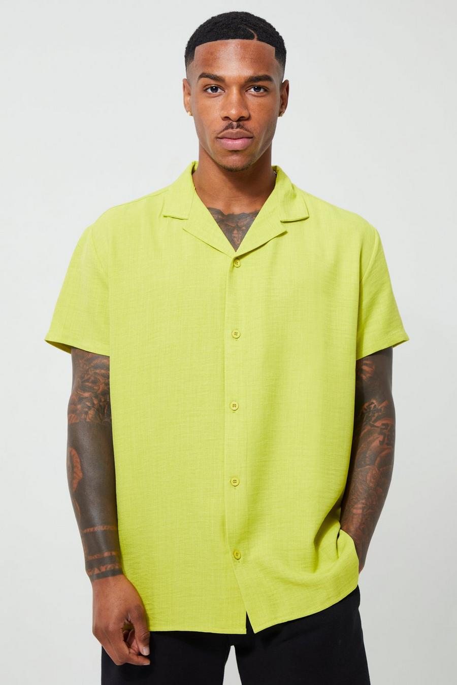 Lime grön Kortärmad oversize linneskjorta med bowlingkrage