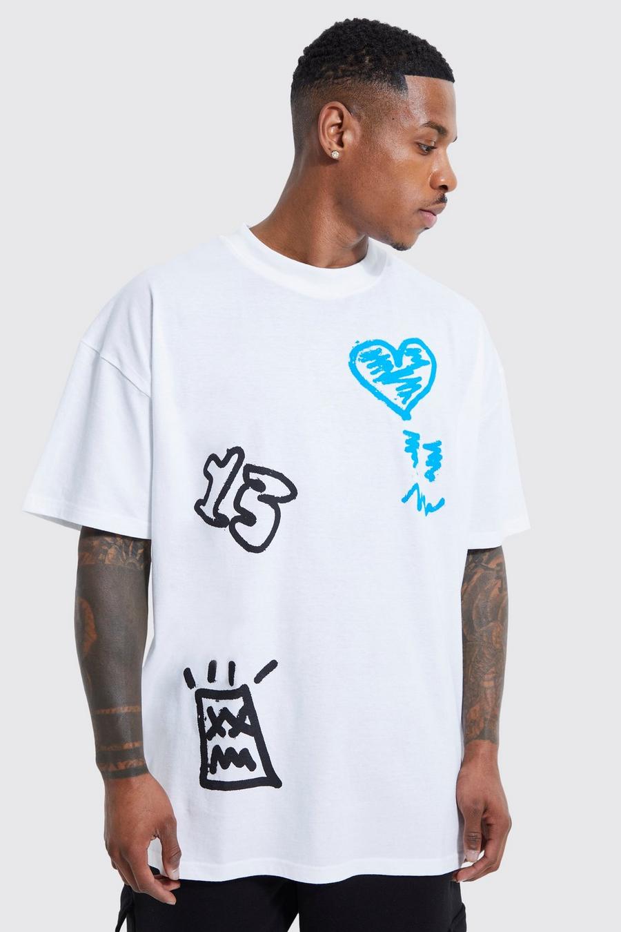 T-shirt oversize stile Graffiti con girocollo esteso, Ecru blanco