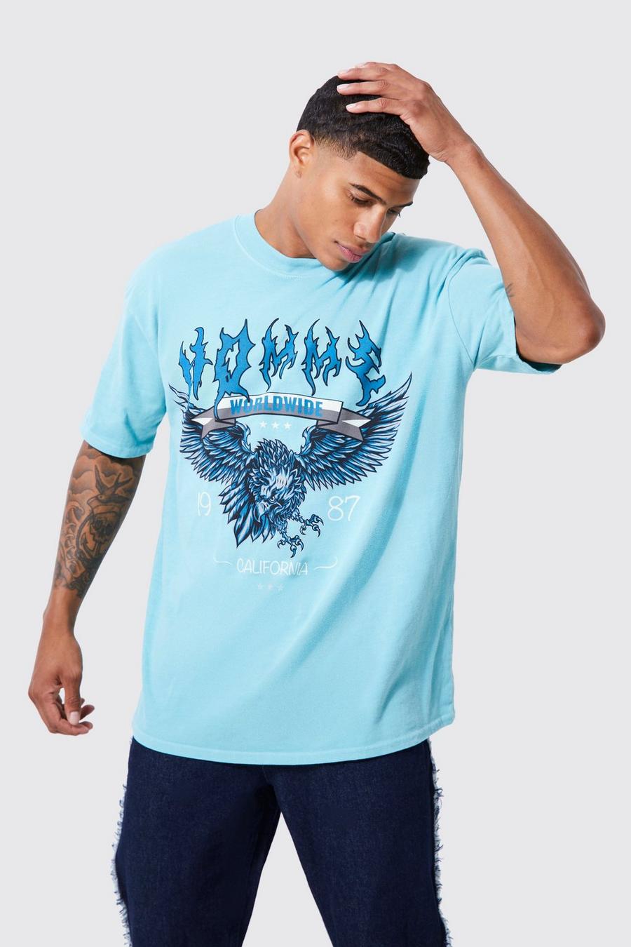 Camiseta oversize sobreteñida con cuello extendido y estampado de águila, Mint gerde
