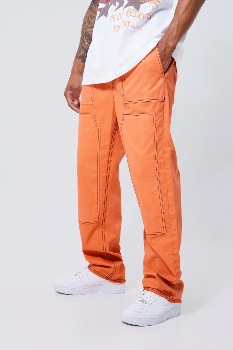 Pantalón elástico estilo carpintero con costuras en contraste, Orange
