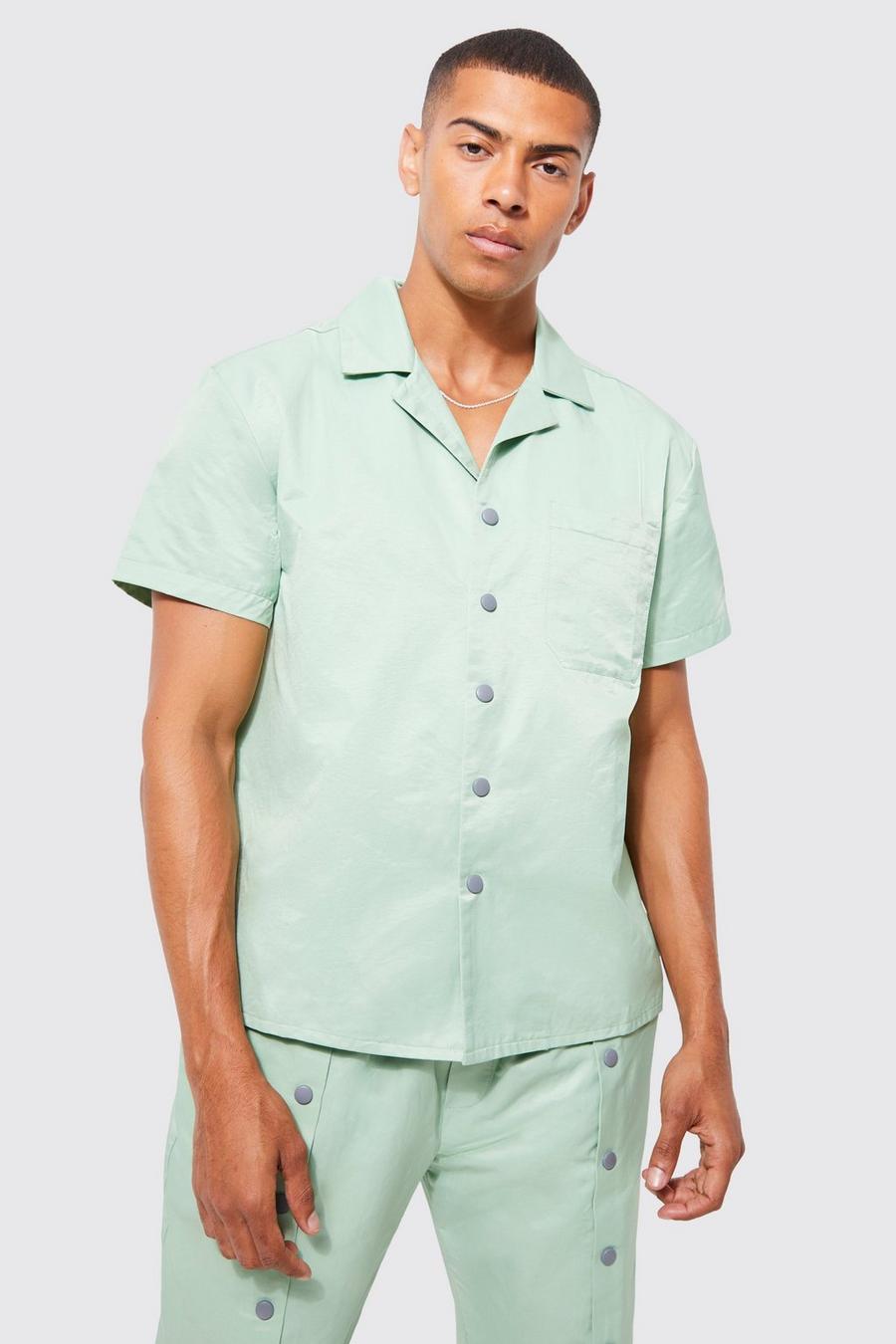 Sage green Boxy Overhemd Met Korte Mouwen, Revers Kraag En Drukknoopjes