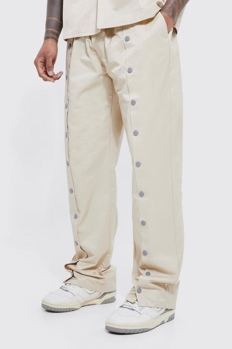 Pantalón holgado con cintura elástica y botones de presión, Stone image number 1