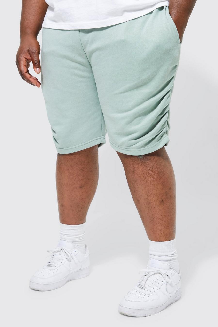 Pantalón corto Plus ajustado de tela jersey con lateral fruncido, Dusty green gerde