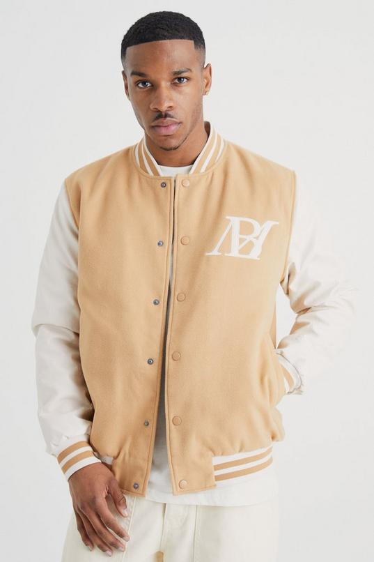 Melton Varsity Jacket With Embossed Pu Sleeves | boohoo USA Melton Varsity Jacket With Embossed Pu Sleeves | boohoo USA