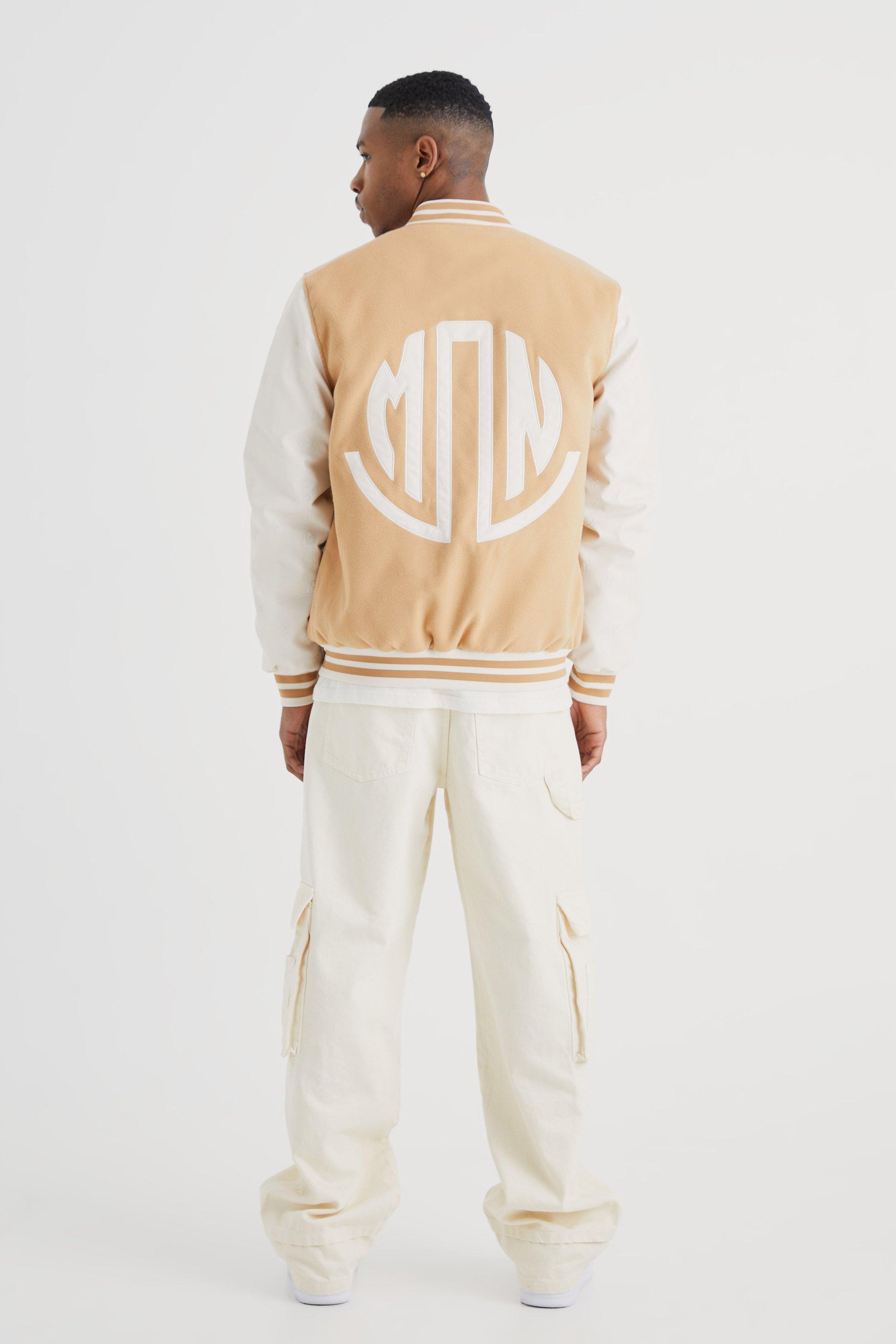 Melton Varsity Jacket With Embossed Pu Sleeves | boohoo USA Melton Varsity Jacket With Embossed Pu Sleeves | boohoo USA