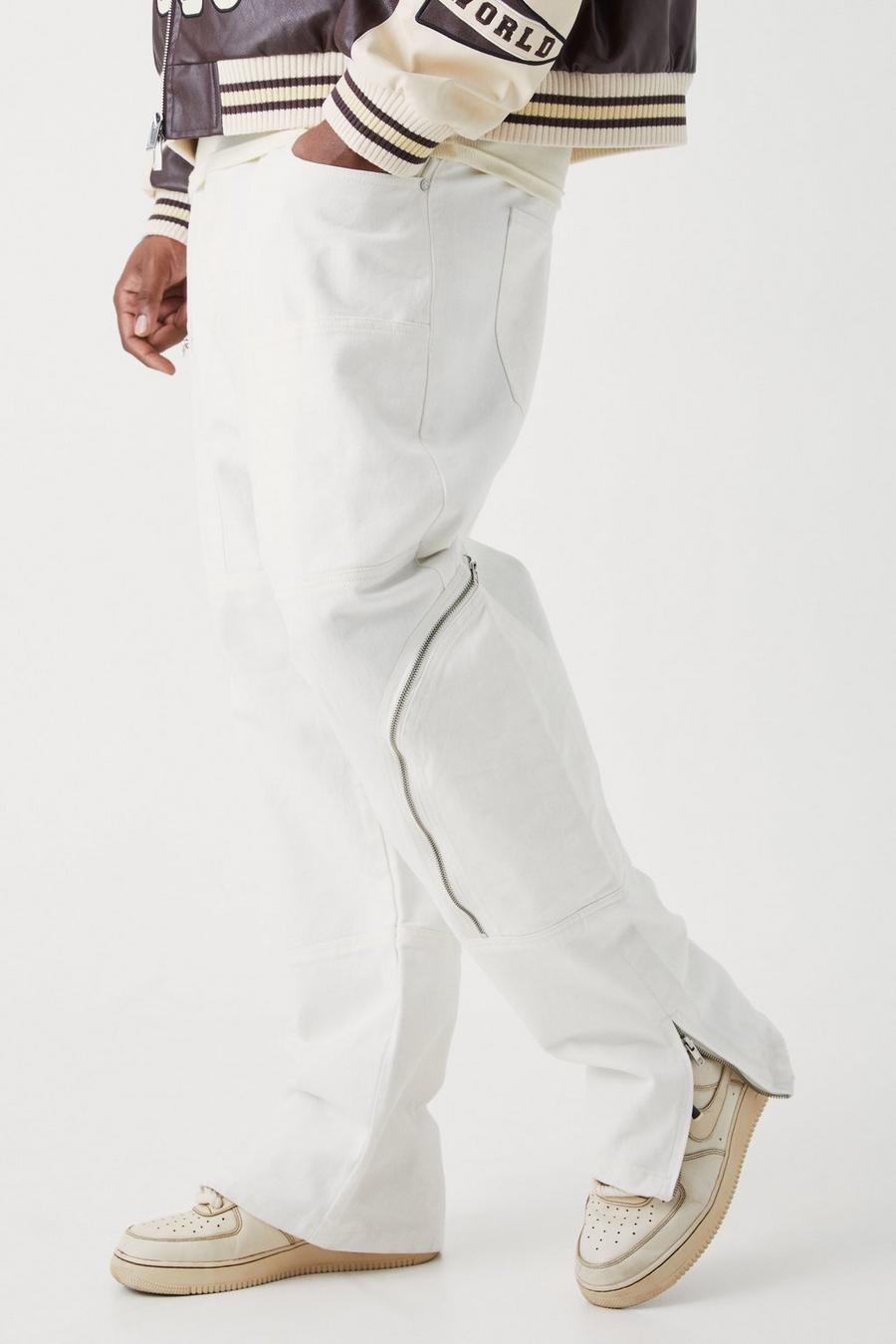 Ecru white Plus Onbewerkte Cargo Jeans Met Rits Detail En Rechte Pijpen