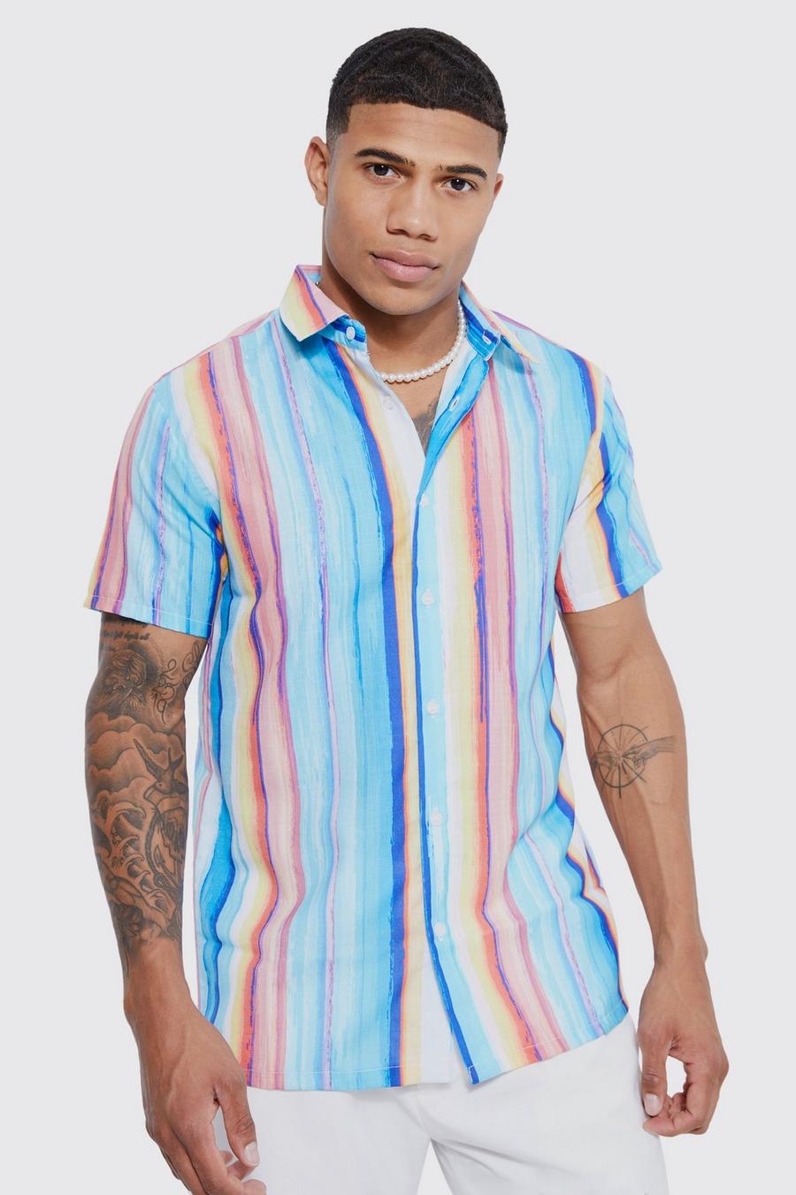 Multi Short Sleeve Muscle Slub Watercolour Stripe Shirt