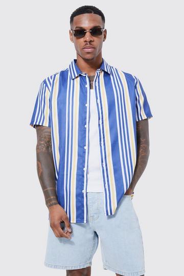 Short Sleeve Slub Panel Stripe Shirt navy