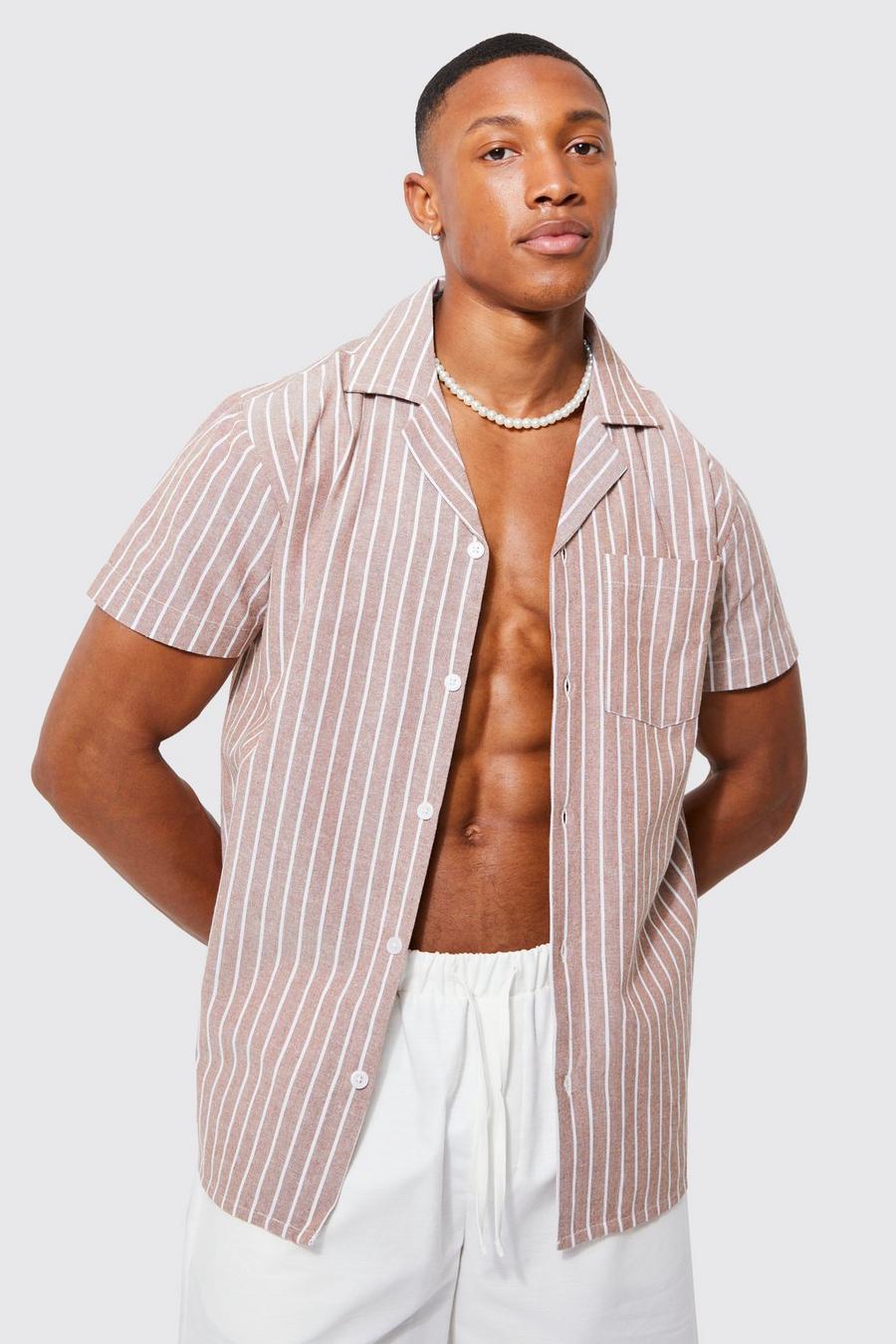Tan Short Sleeve Textured Smart Stripe Shirt