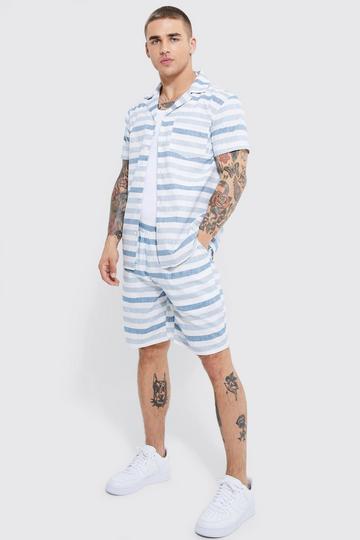 Short Sleeve Regular Woven Chunky Stripe Shirt & Short Set blue