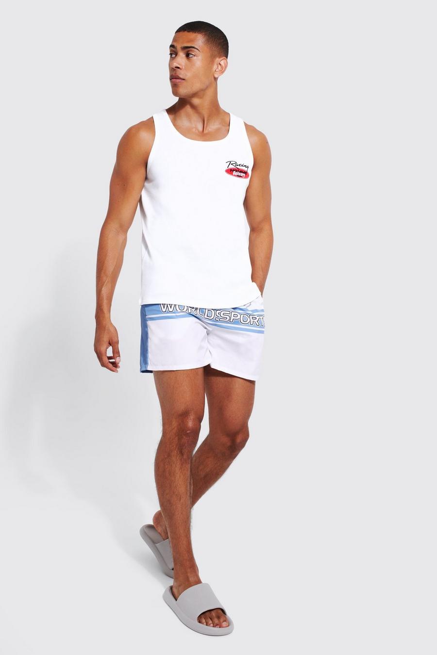 Conjunto de bañador y camiseta sin mangas de canalé con estampado de motociclismo, Ecru image number 1
