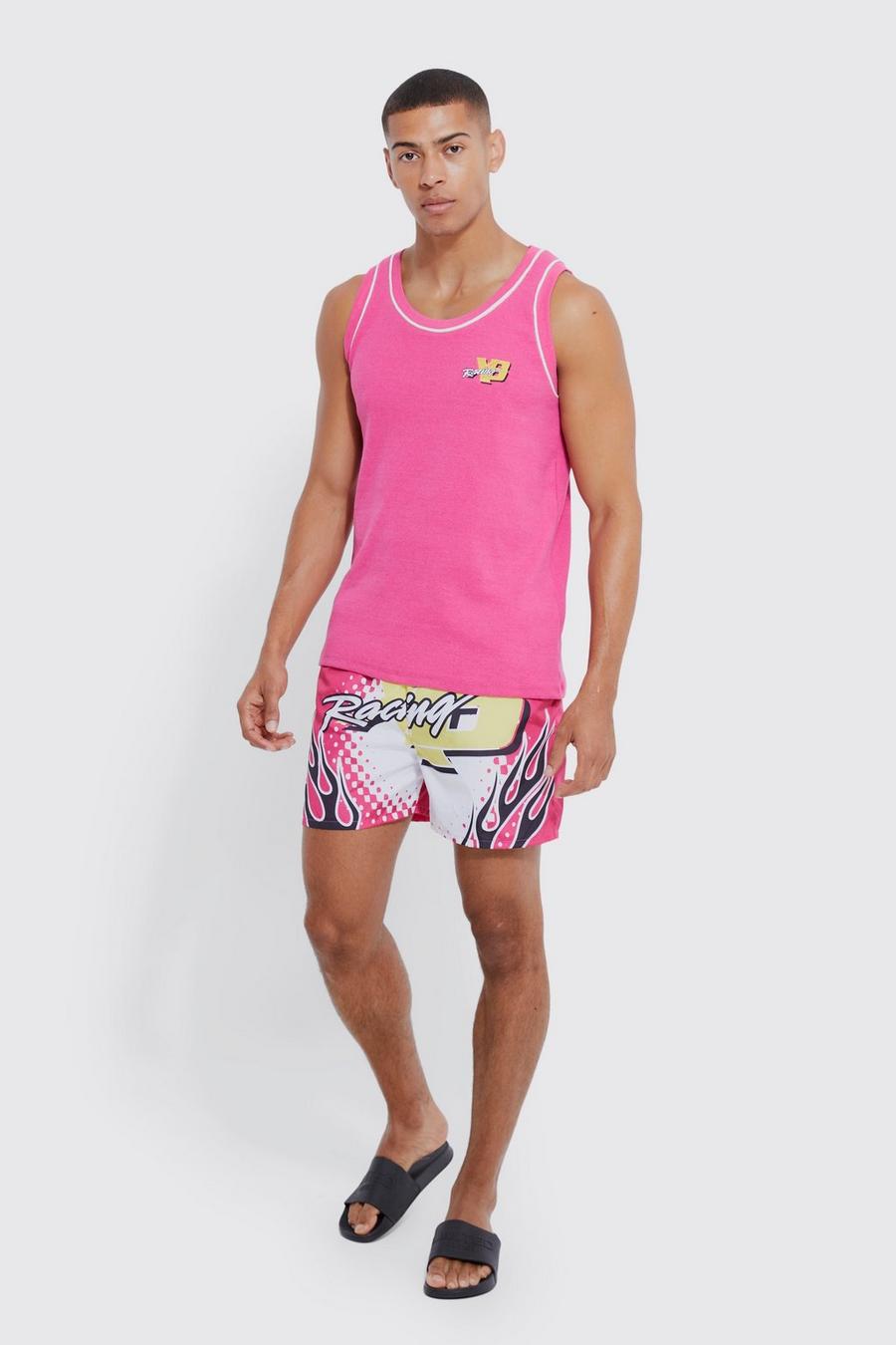 Conjunto de bañador y camiseta sin mangas de canalé con estampado de motociclismo, Pink image number 1