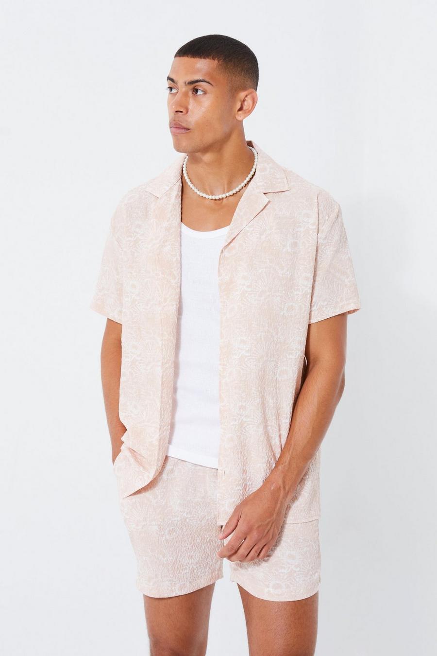 Stone beige Short Sleeve Oversized Crinkle Print Shirt & Short Set