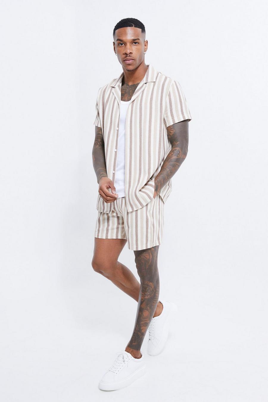 Stone Short Sleeve Revere Linen Look Stripe Shirt & Short Set image number 1
