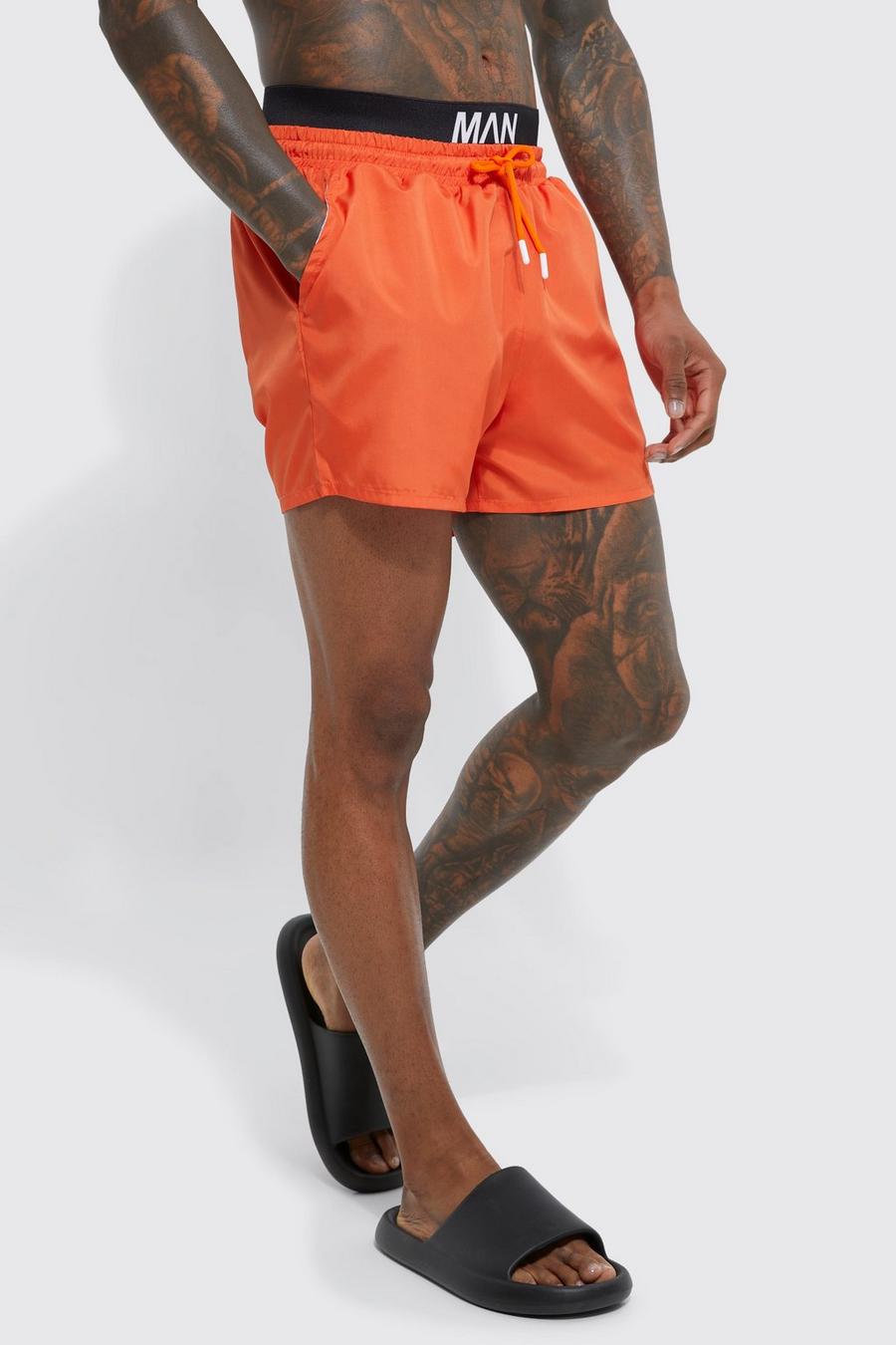 Orange Short Length Man Waistband Swim Shorts