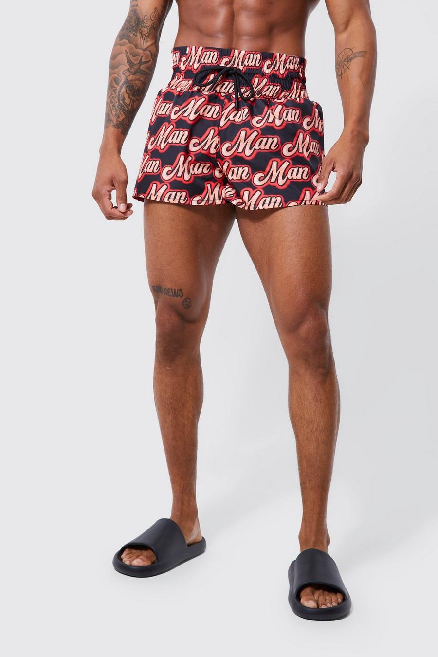 Red rosso Fighter Man Print Swim Shorts