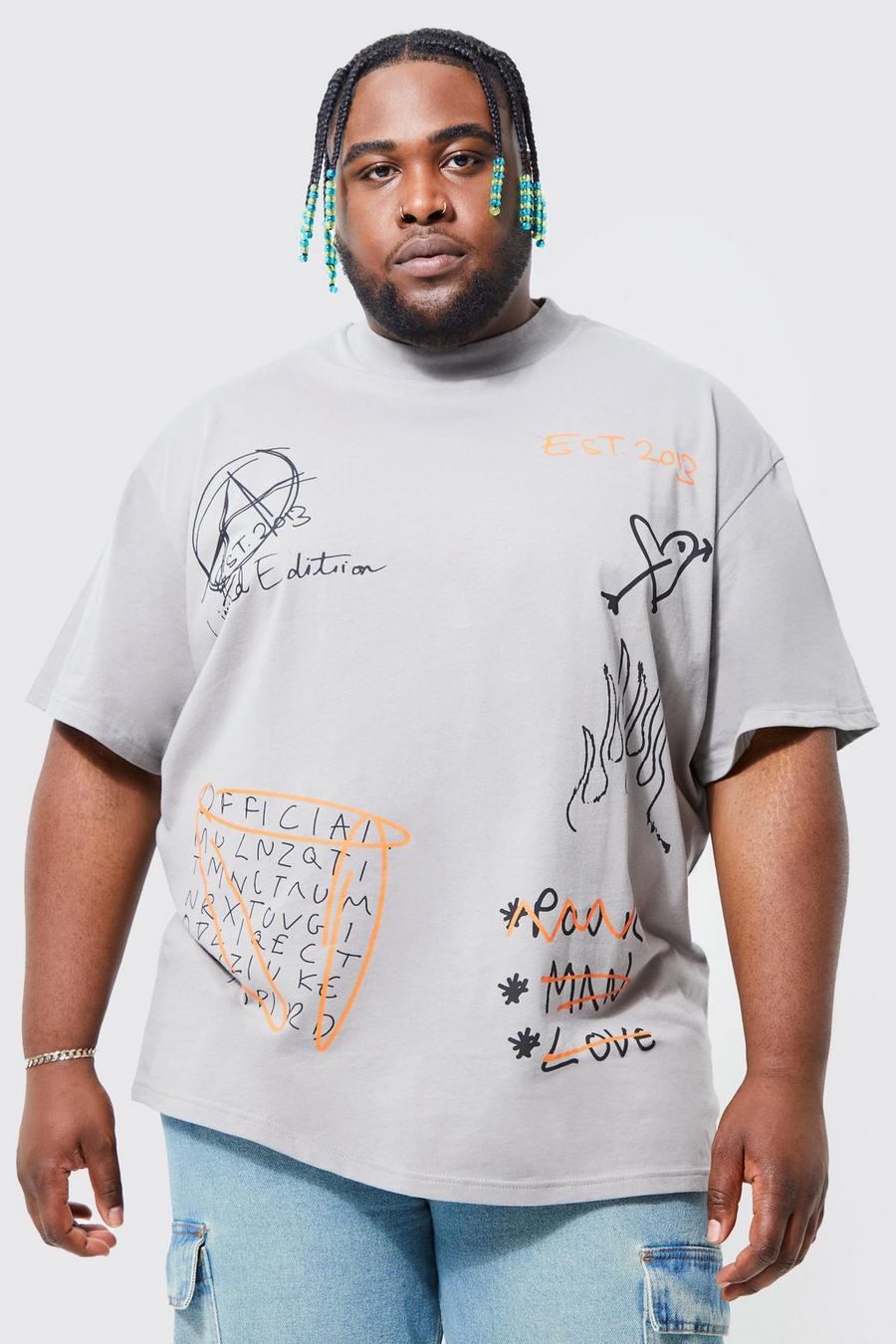 Charcoal grau Plus Oversized Extended Neck Graffiti T-shirt