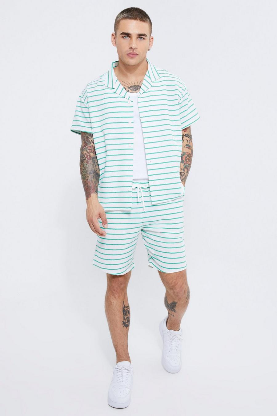 Green Short Sleeve Boxy Revere Stripe Shirt & Short Set