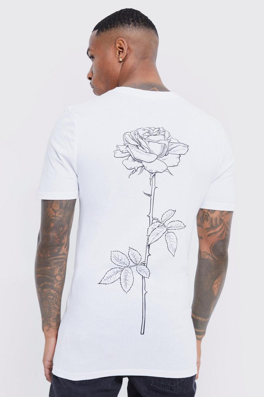 White Muscle Fit Line Drawn Rose Stem Print T-shirt