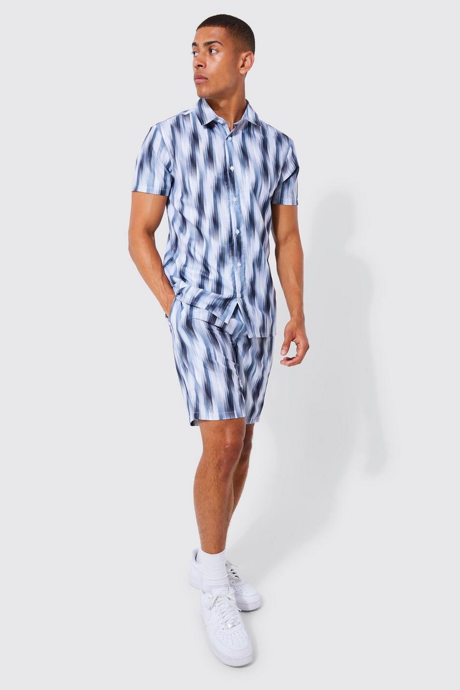 Black Short Sleeve Blurry Stripe Shirt & Short Set