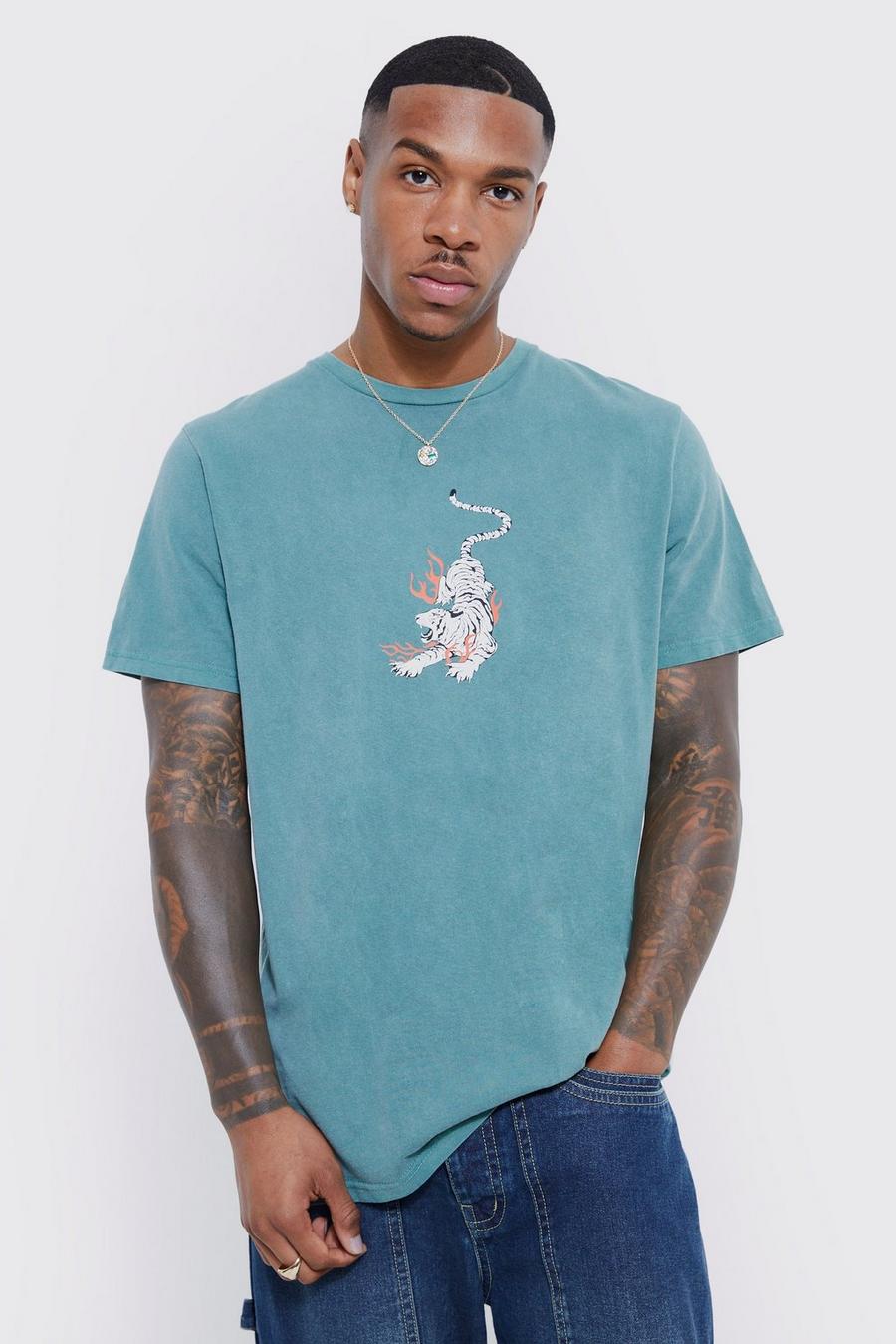 Men's Oversized Overdyed Tiger Graphic T-shirt | Boohoo UK