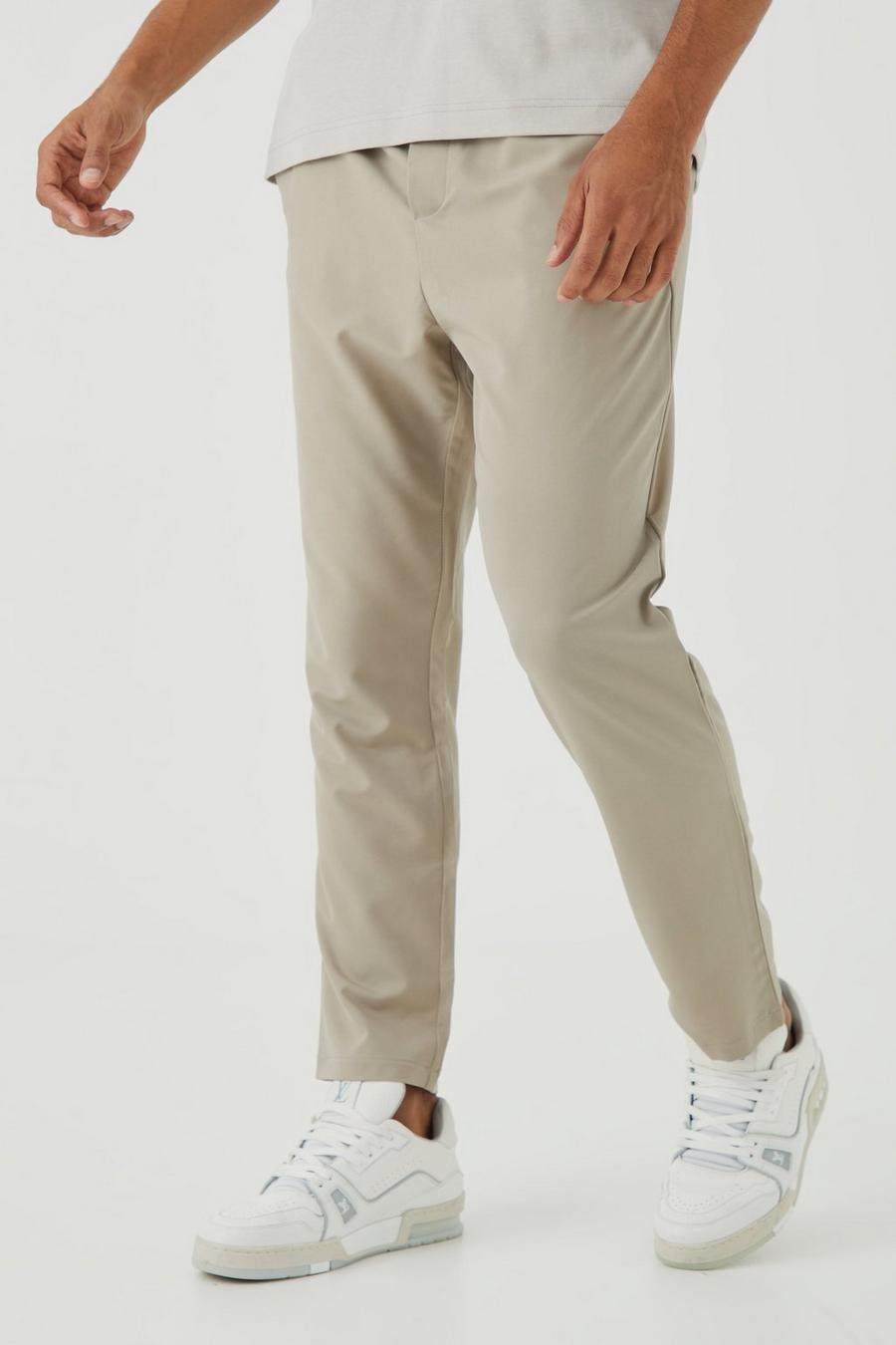 Taupe beige Elasticated Tapered 4 Way Stretch Smart Trousers