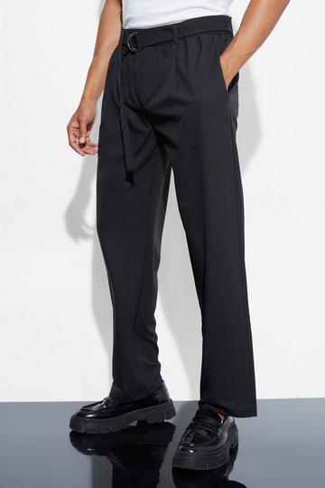 Black Elasticated Straight Belted 4 Way Stretch Trousers